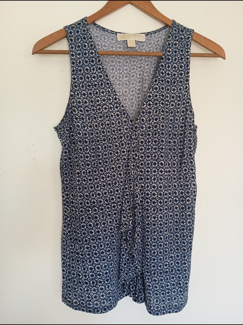 Michael Kors Navy and White Patterned V-Neck Top